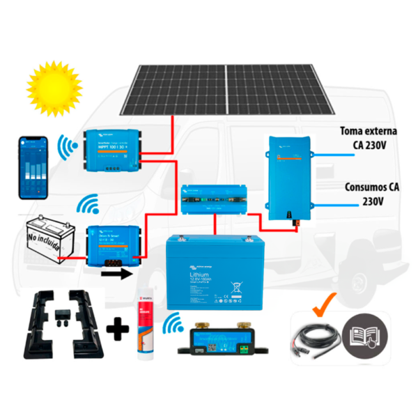 Kit Energía Litio 200Ah, Smart BMS 12/200Ah, Booster, Campervan, GV, Embarcación 12V y 230V, 400W IBC